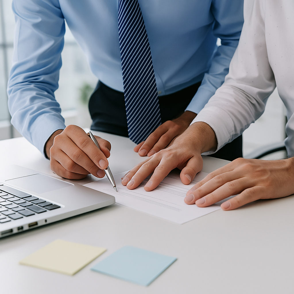 Collaborative work at a desk reviewing technology plans